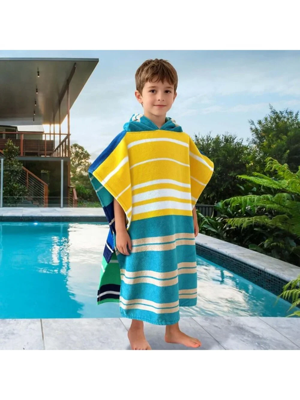 Cozy Hooded Poncho Towel for Kids 6-10Y, Soft 100% Cotton, Blue Stripes
